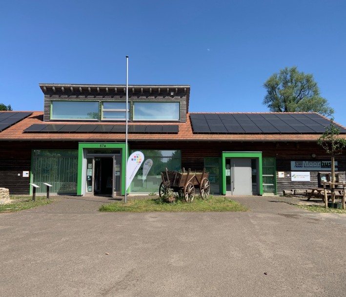 Eingang am NABU Besucherzentrum Moorhus. Das Moorhus ist auch BNE-Regionalzentrum.
