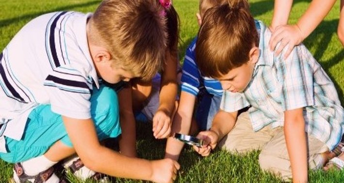 Kinder untersuchen eine Wiese