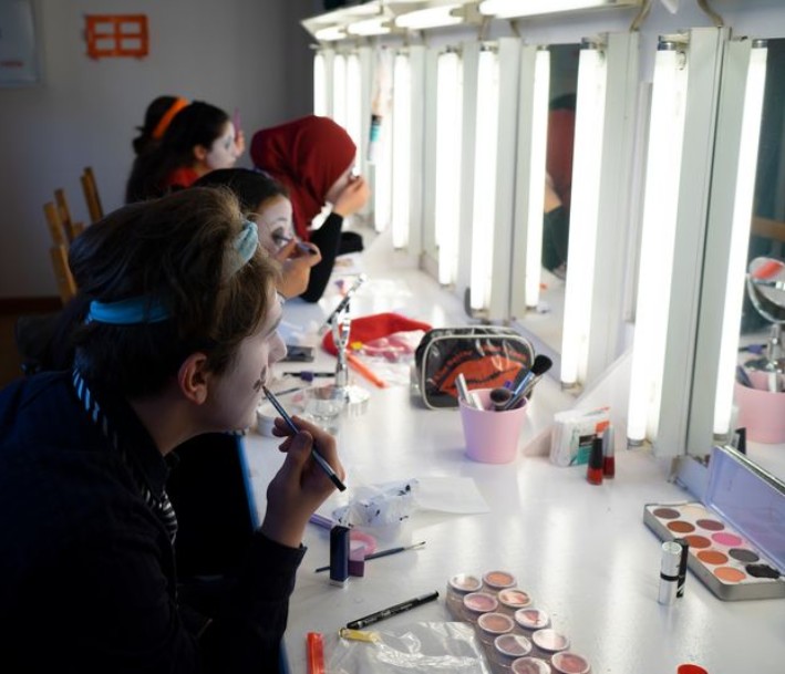 Das Bild zeigt fünf Personen, die in einer vertikalen Reihe nebeneinander sitzen und im Profil gezeigt werden. Sie schminken ihre Gesichter vor Theaterspiegeln.