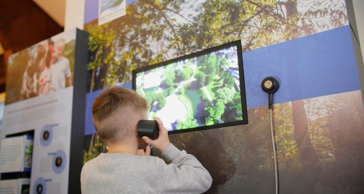 Das Foto zeigt einen Jungen vor einem Exponat des Naturpark-Infozentrums Station Saalhausen.