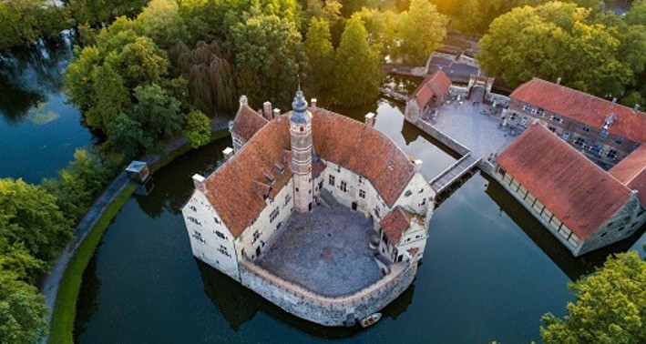 Das Bild zeigt eine Luftaufnahme der Burg Vischering, einer runden Ringmantelburg mit Burggraben ringsherum.