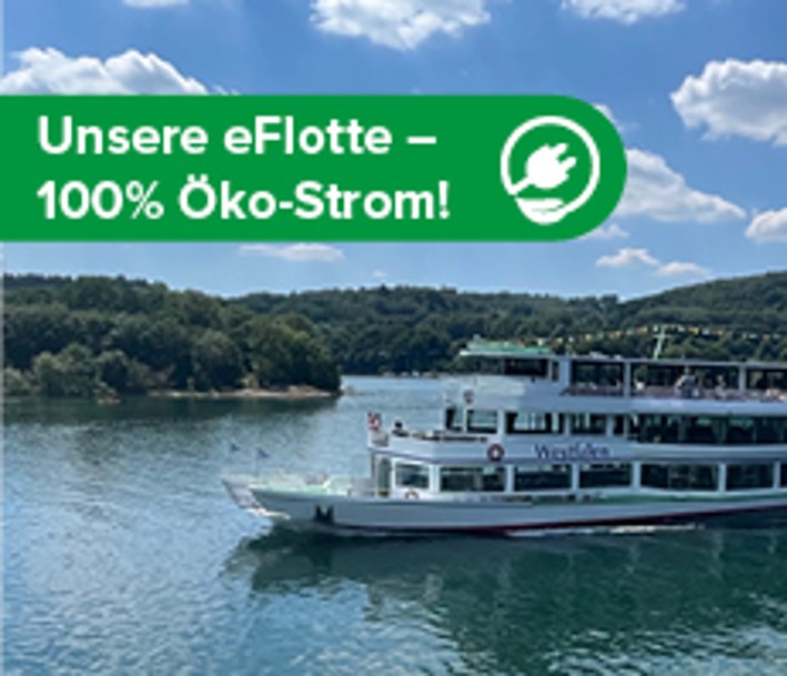 Foto: Lux - Werft u. Schifffahrt GmbH Personenschifffahrt Biggesee. Das Foto zeigt ein Schiff der Biggesee-Schifffahrt, welches mit 100% Ökostrom fährt.