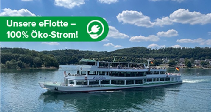 Das Foto zeigt ein Schiff der Biggesee-Schifffahrt, welches mit 100% Ökostrom fährt.