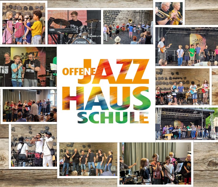 Plakat der Offenen Jazz Haus Schule mit Bildern von Auftritten der jungen Musikerinnen und Musiker