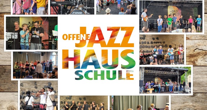 Plakat der Offenen Jazz Haus Schule mit Bildern von Auftritten der jungen Musikerinnen und Musiker