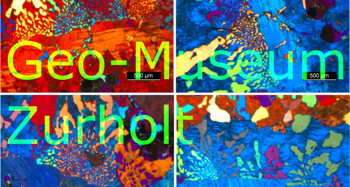 Polarisationsaufnahme eines Granit-Dünnschliffs im Geo-Museum Zurholt