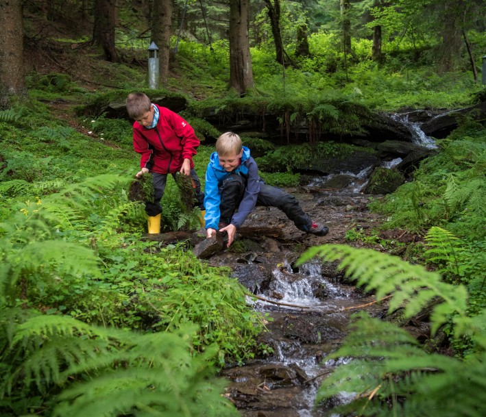 Spielende Kinder am Bach im Wald in der Nähe des Lernots SGV BNE Regionalzentrum HSK