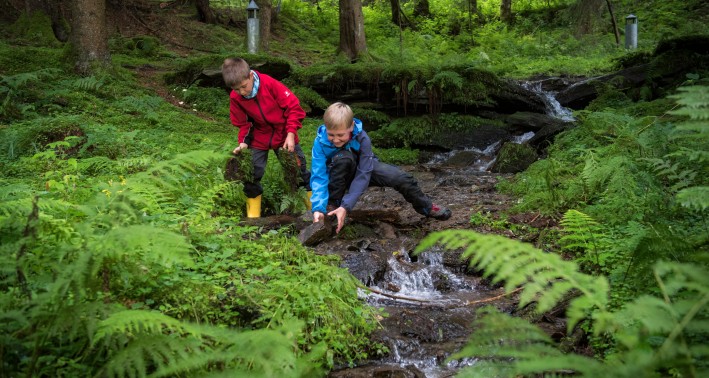 Spielende Kinder am Bach im Wald in der Nähe des Lernots SGV BNE Regionalzentrum HSK