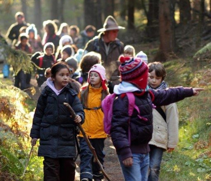 Schulklassen erleben mit einem Ranger die Wildnis des Nationalparks Eifel beim Tagesausflug in die Wildniswerkstatt Düttling