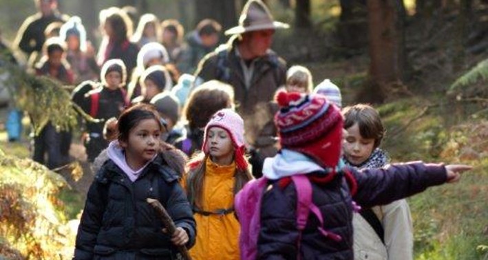 Schulklassen erleben mit einem Ranger die Wildnis des Nationalparks Eifel beim Tagesausflug in die Wildniswerkstatt Düttling