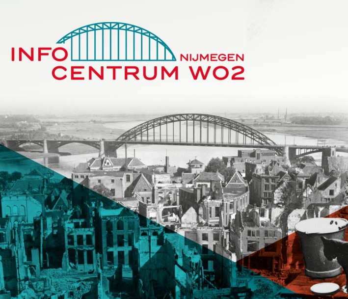 Collage mit Schwarzweißfotografien und farbiche Akzente des Lernortes Infozentrum WK2 Nijmegen