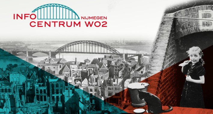 Collage mit Schwarzweißfotografien und farbiche Akzente des Lernortes Infozentrum WK2 Nijmegen