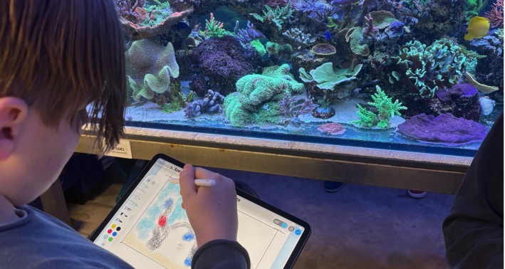 Ein*e Schüler*in arbeitet am iPAd direkt vor dem Aquarium des Lernorts Kolumbus-Kids