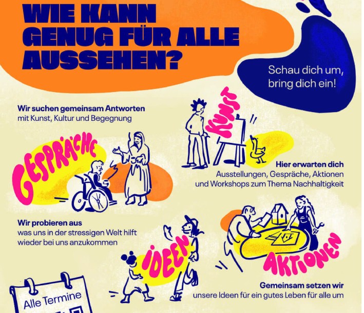 Plakat des Lernorts Social Pop-Up Clubs Essen mit der Frage „Wie kann genug für alle aussehen?“. Es lädt zu Gesprächen, Ausstellungen, Workshops und gemeinsamen Aktionen rund um Nachhaltigkeit ein.