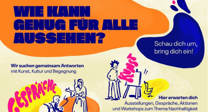 Plakat des Lernorts Social Pop-Up Clubs Essen mit der Frage „Wie kann genug für alle aussehen?“. Es lädt zu Gesprächen, Ausstellungen, Workshops und gemeinsamen Aktionen rund um Nachhaltigkeit ein.