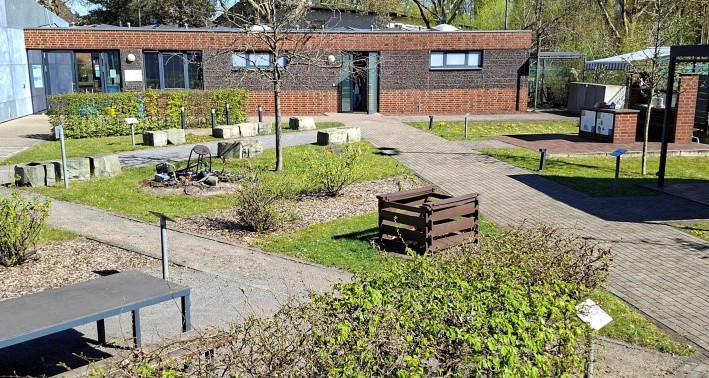 Blick auf das Außengelände des Abfalllernpfads Recyclinghof Nord mit sechs Forschungsstationen